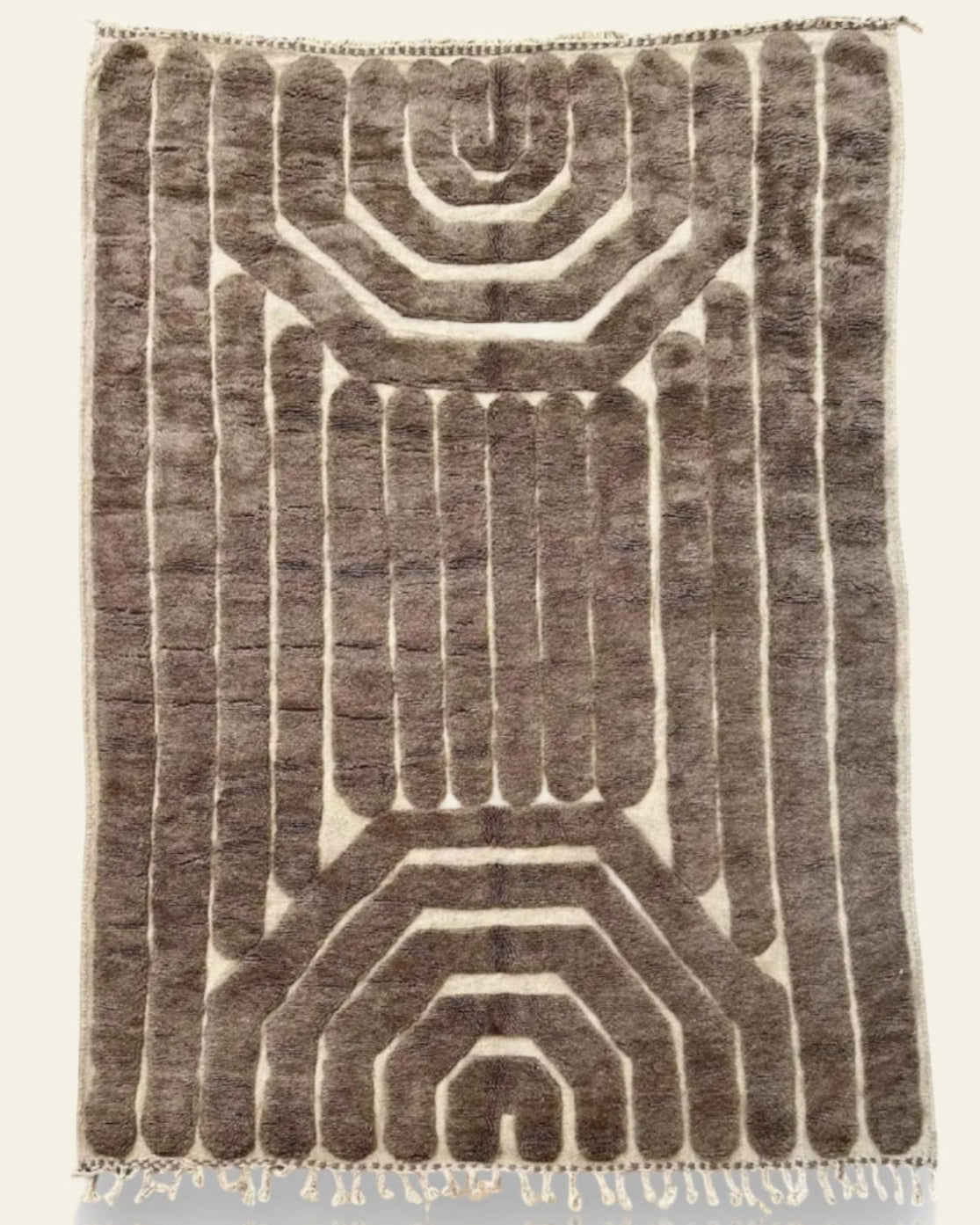 Custom Moroccan rug runner with cream base and black geometric lattice Berber Moroccan rug design, handwoven from wool, featuring fringed edges for a bold Moroccan rug area.