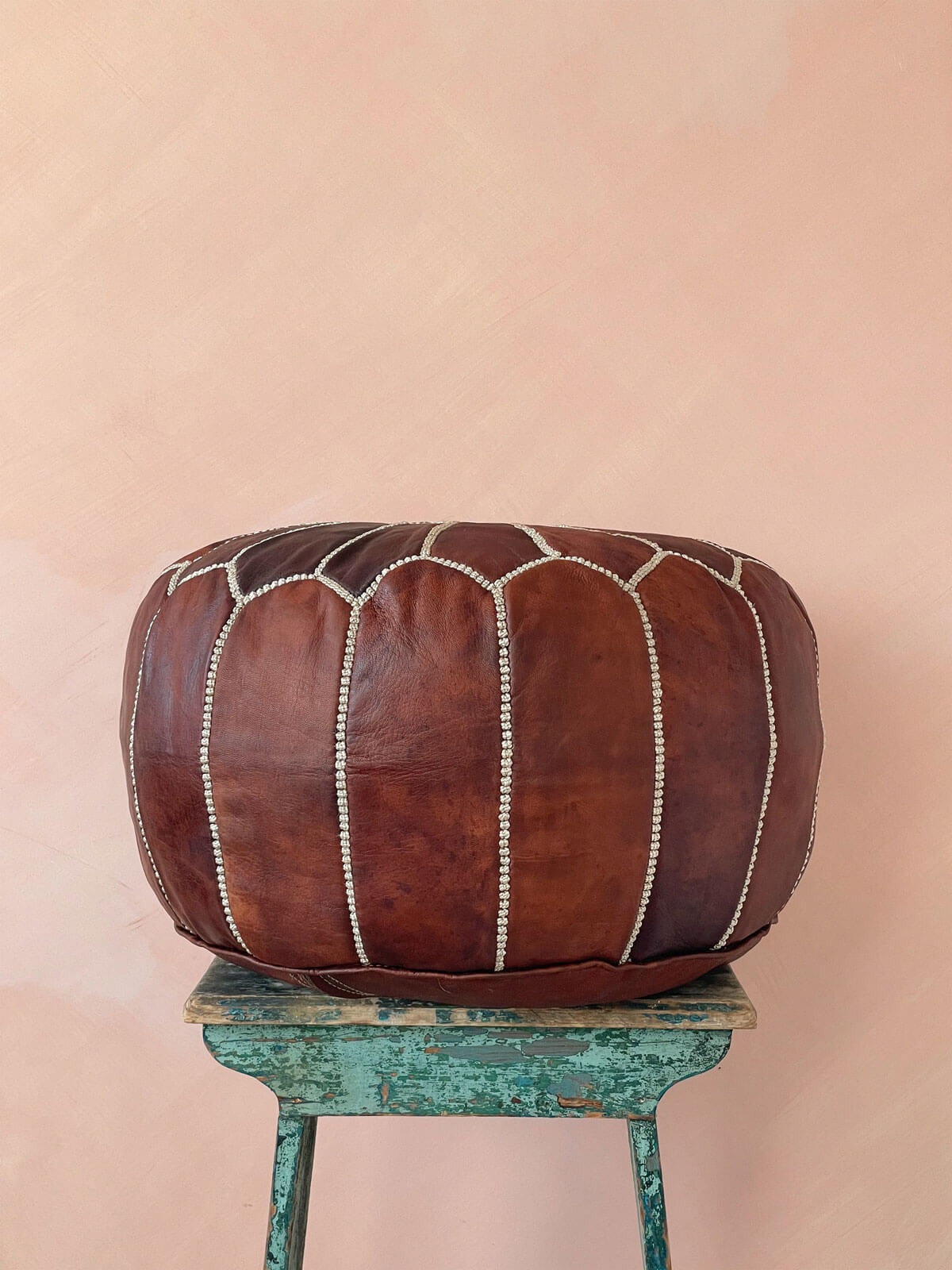 Moroccan Leather Pouffe, Chestnut - LuxVibez
