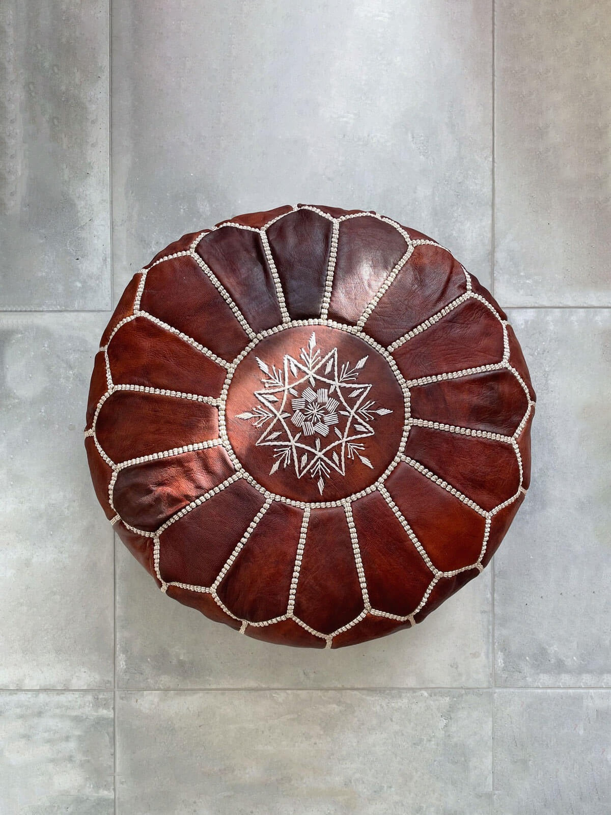Moroccan Leather Pouffe, Chestnut - LuxVibez