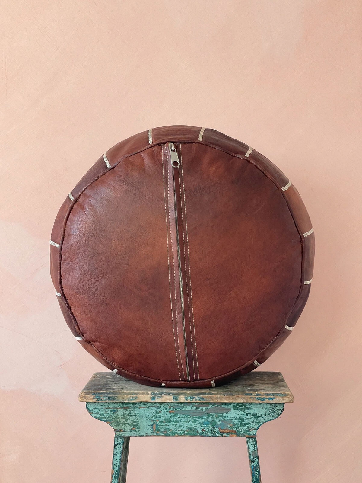 Moroccan Leather Pouffe, Chestnut - LuxVibez