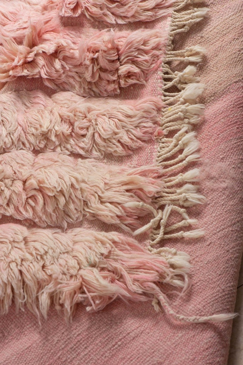 Custom Moroccan rug runner with pink and beige textured Berber Moroccan rug design, handwoven from wool.