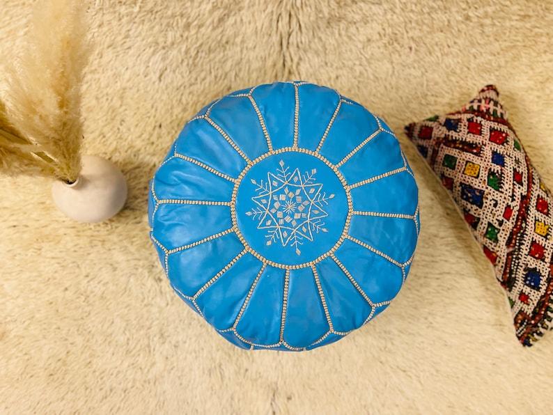 Sky Blue Moroccan Leather Pouf - LuxVibez