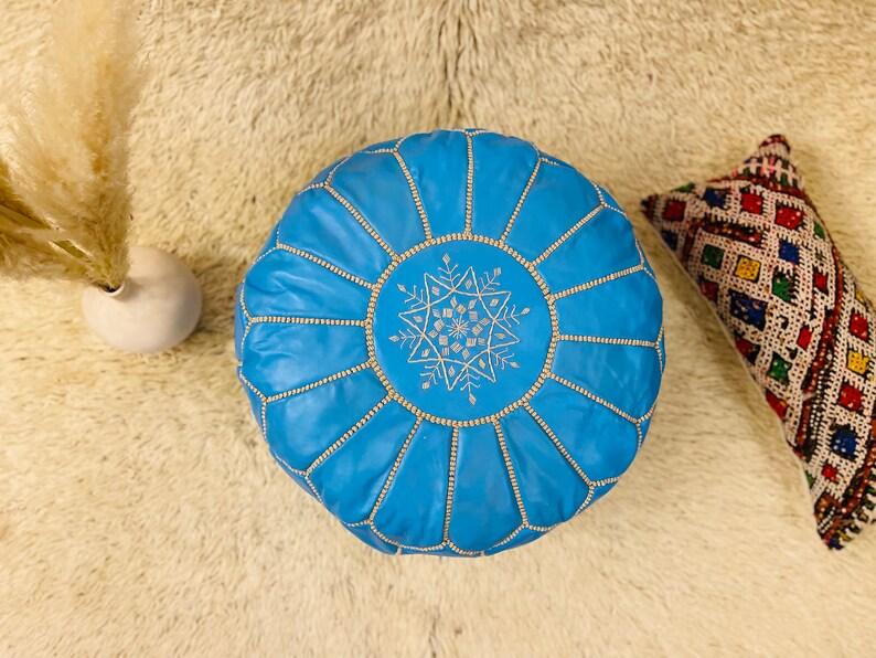 Sky Blue Moroccan Leather Pouf - LuxVibez