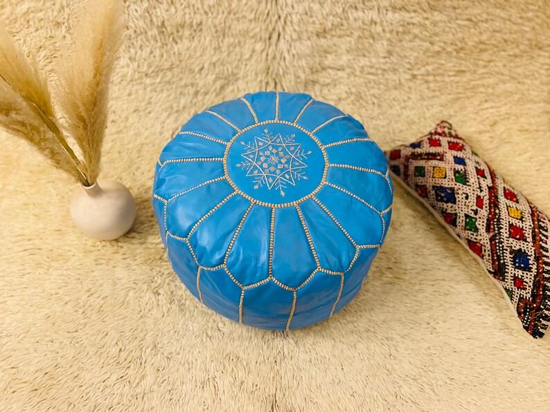 Sky Blue Moroccan Leather Pouf - LuxVibez