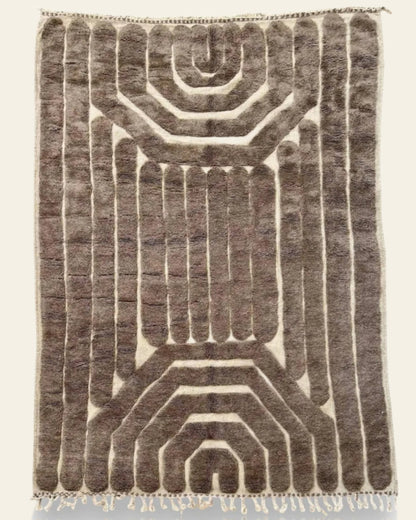 Custom Moroccan rug runner with cream base and black geometric lattice Berber Moroccan rug design, handwoven from wool, featuring fringed edges for a bold Moroccan rug area.