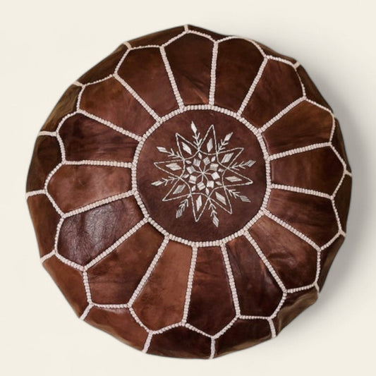 Moroccan Brown Leather Poufs — Handmade Artisan Ottoman