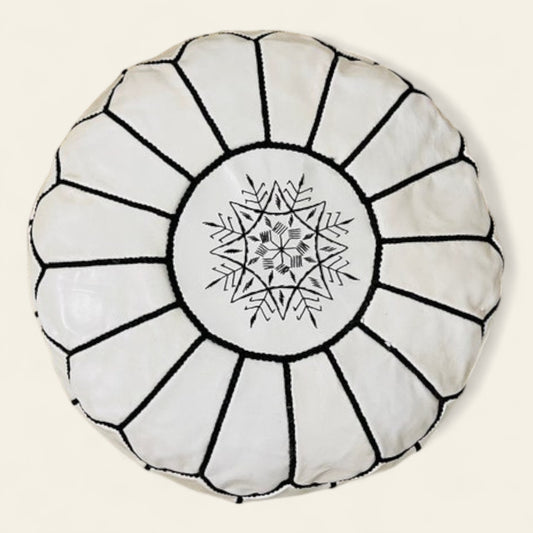 handmade white Moroccan leather pouf, crafted by skilled artisans in Morocco