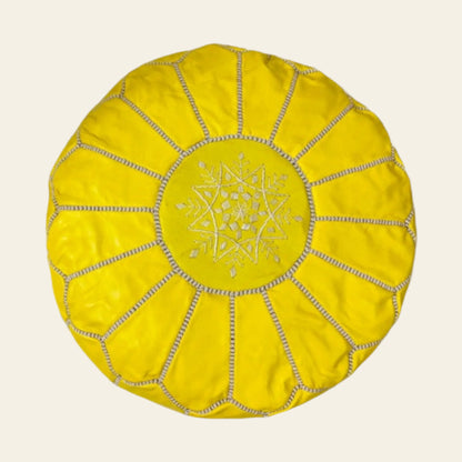 Yellow Moroccan Leather Pouf, lovingly handcrafted by skilled artisans in Morocco