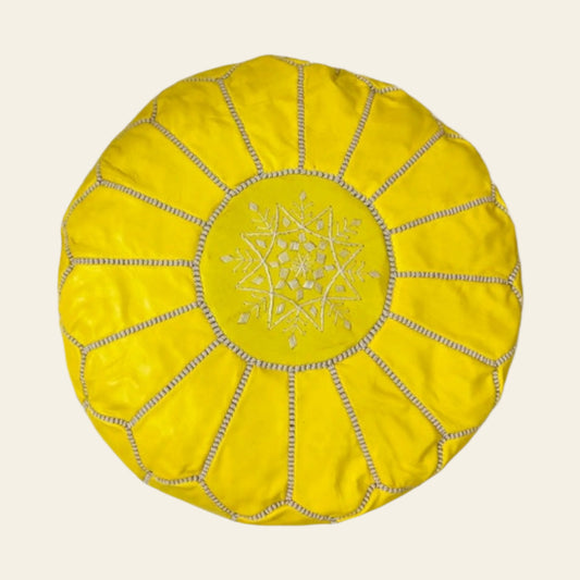 Yellow Moroccan Leather Pouf, lovingly handcrafted by skilled artisans in Morocco