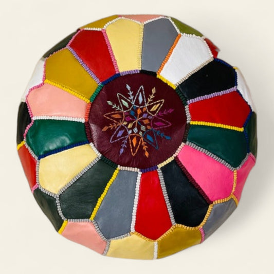 multicolor Moroccan leather pouf—handcrafted by skilled artisans in Morocco
