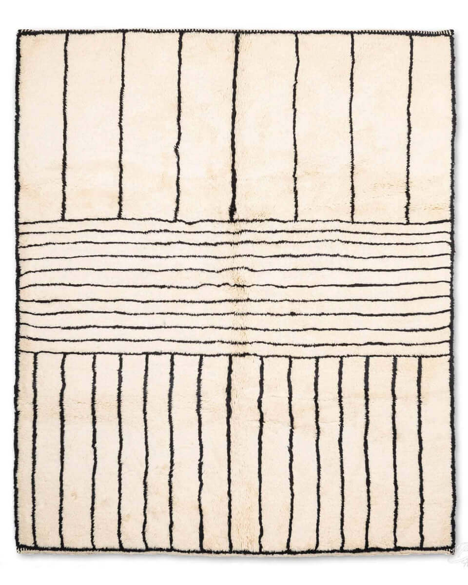 LineaBer striped Moroccan wool rug with hand-knotted linear tribal patterns, crafted by Berber artisans