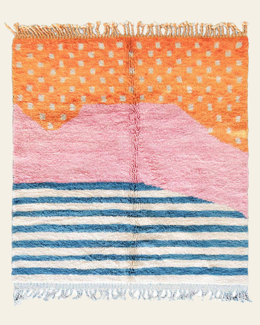 Vibraber colorful Moroccan wool rug with vibrant geometric patterns, hand-knotted by Berber artisans