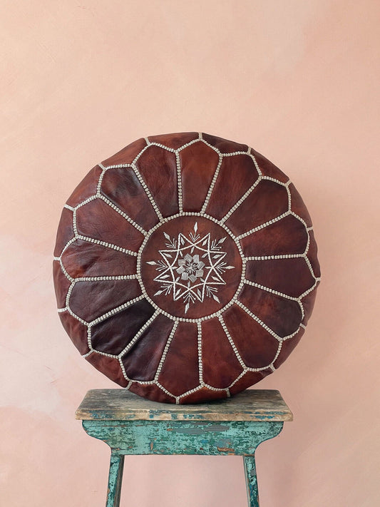 Moroccan Leather Pouffe, Chestnut - LuxVibez