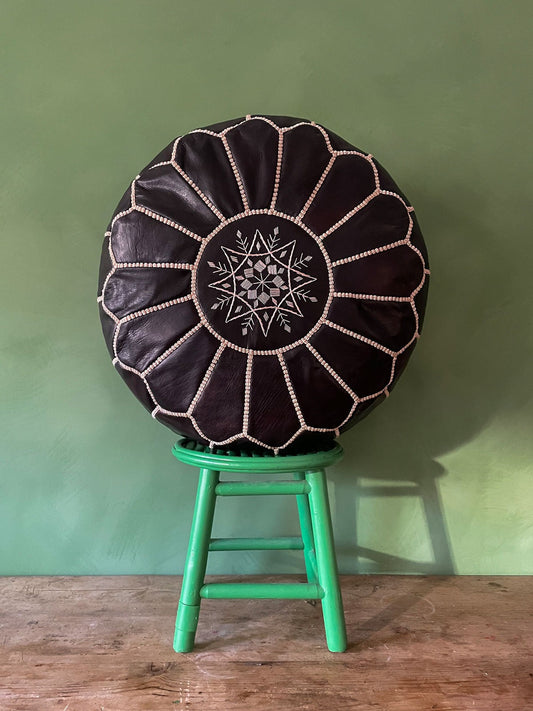 Moroccan Leather Pouffe, Ebony - LuxVibez