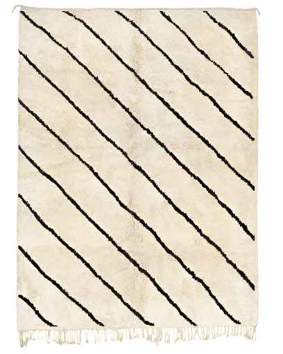 Custom Moroccan rug runner with cream base and black diagonal stripe Berber Moroccan rug design, handwoven from wool, featuring fringed edges for a chic Moroccan rug area.