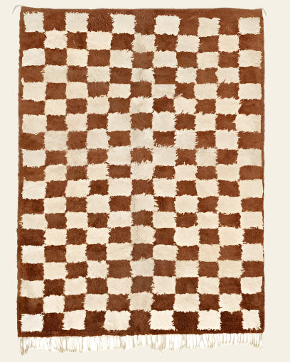 Custom Moroccan rug runner with brown and cream checkered Berber Moroccan rug design, handwoven from wool, featuring fringed edges for a cozy Moroccan rug area.
