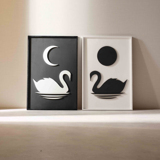 Swans – Modern Wooden Wall Art Featuring Sun and Moon | Handcrafted Nature-Inspired - LuxVibez