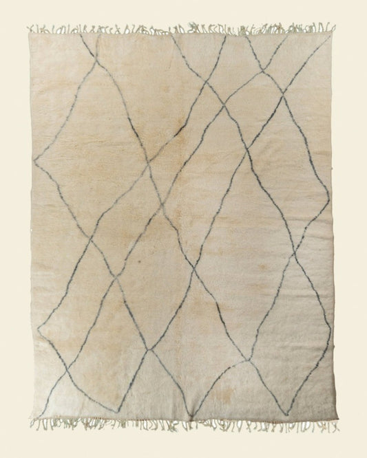 Custom Moroccan rug runner with cream base and blue diamond Berber Moroccan rug design, handwoven from wool, featuring fringed edges for a chic Moroccan rug area.