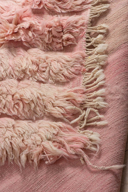 Custom Moroccan rug runner with pink and beige textured Berber Moroccan rug design, handwoven from wool.