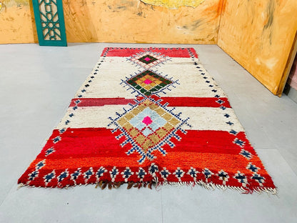 Red Moroccan Boucherouite Rug 4x9 FT - Handmade Wool Rug - LuxVibez