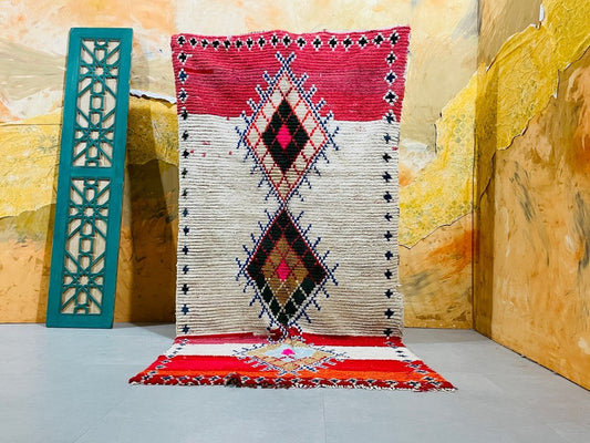 Red Moroccan Boucherouite Rug 4x9 FT - Handmade Wool Rug - LuxVibez