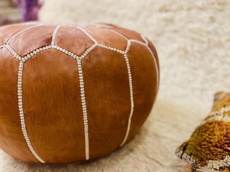 Winter Tan Brown Moroccan Leather Pouf - LuxVibez