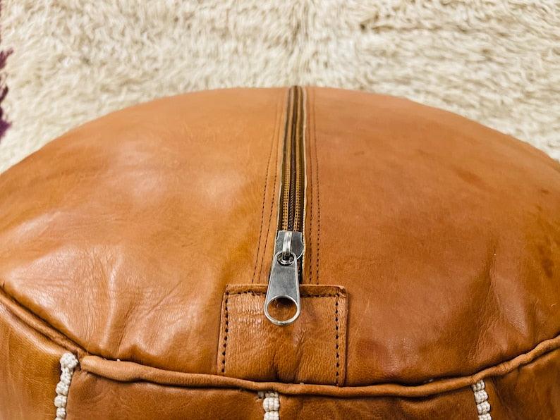 Winter Tan Brown Moroccan Leather Pouf - LuxVibez