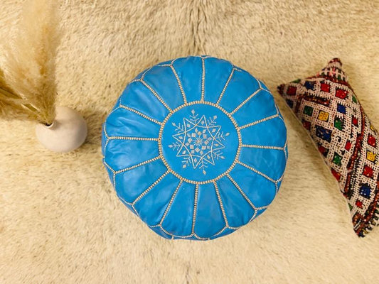 Sky Blue Moroccan Leather Pouf - LuxVibez