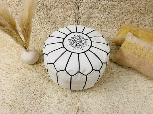 White Leather Moroccan Pouf - LuxVibez