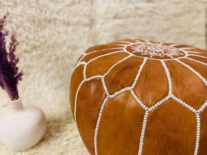 Winter Tan Brown Moroccan Leather Pouf - LuxVibez