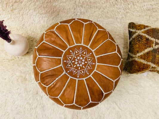 Winter Tan Brown Moroccan Leather Pouf - LuxVibez