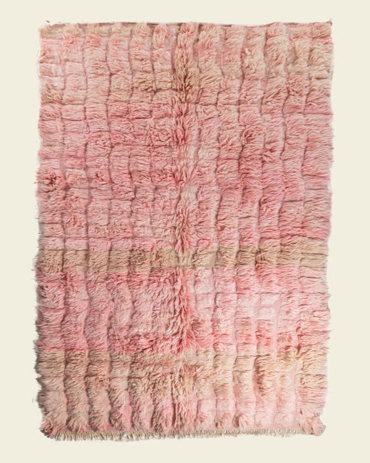 Custom Moroccan rug runner with pink and beige textured Berber Moroccan rug design, handwoven from wool, featuring fringed edges for a cozy Moroccan rug area.